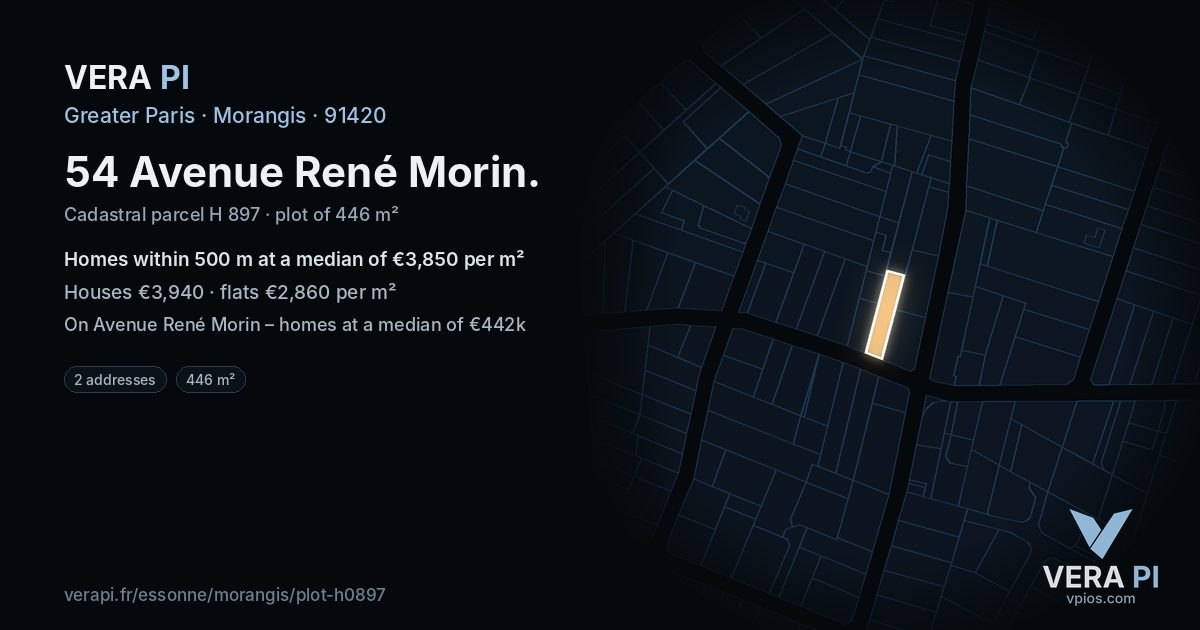 54 Avenue René Morin, Morangis at night – the plot lit, the parcels around coloured by the prices near them