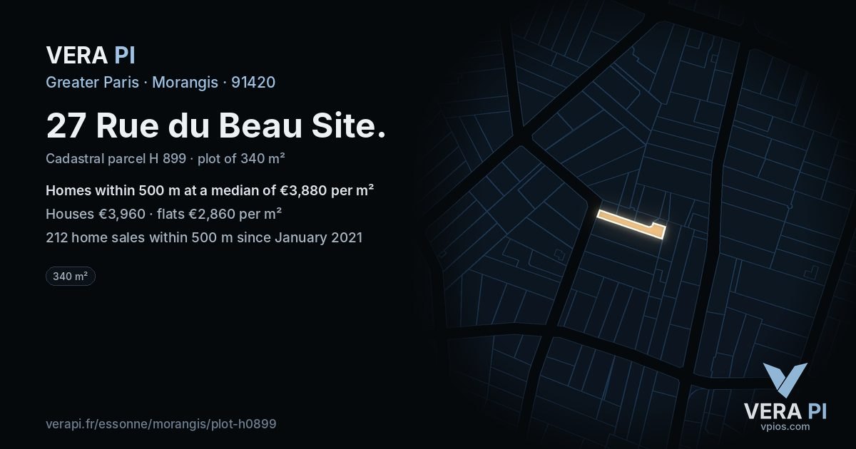 27 Rue du Beau Site, Morangis at night – the plot lit, the parcels around coloured by the prices near them
