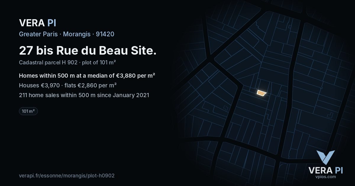 27 bis Rue du Beau Site, Morangis at night – the plot lit, the parcels around coloured by the prices near them