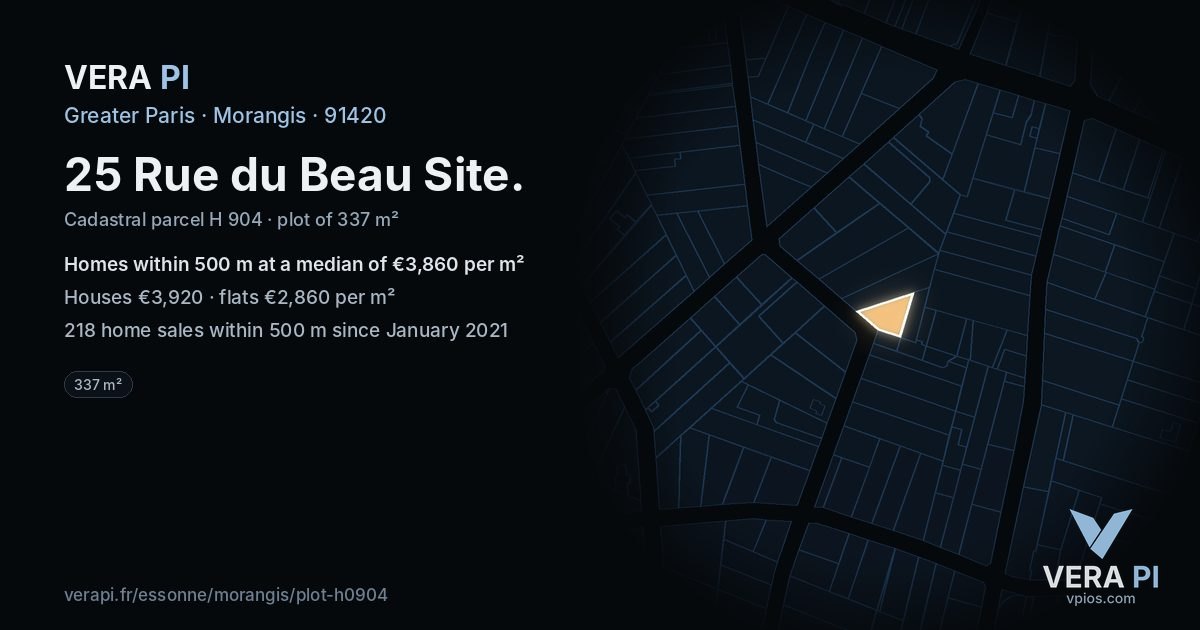 25 Rue du Beau Site, Morangis at night – the plot lit, the parcels around coloured by the prices near them