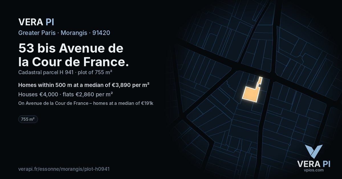 53 bis Avenue de la Cour de France, Morangis at night – the plot lit, the parcels around coloured by the prices near them