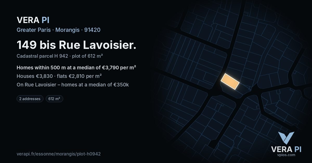 149 bis Rue Lavoisier, Morangis at night – the plot lit, the parcels around coloured by the prices near them