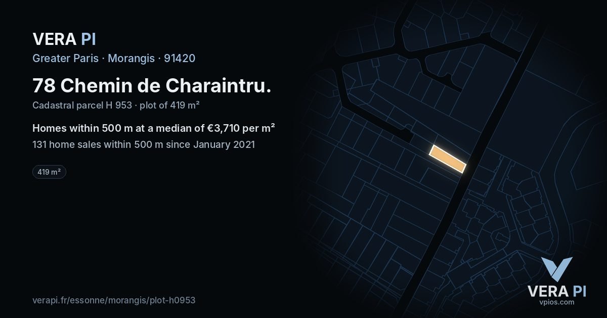 78 Chemin de Charaintru, Morangis at night – the plot lit, the parcels around coloured by the prices near them