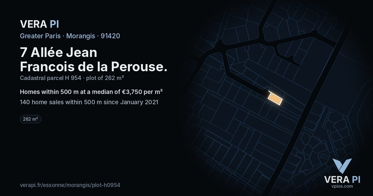7 Allée Jean Francois de la Perouse, Morangis at night – the plot lit, the parcels around coloured by the prices near them
