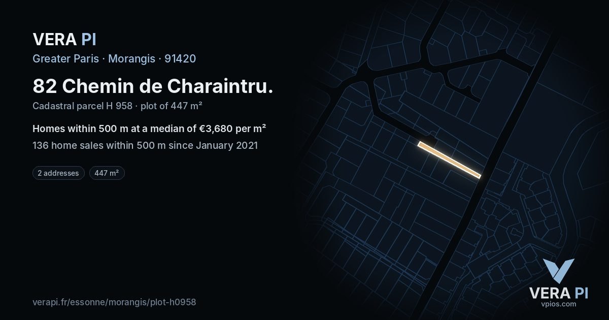 82 Chemin de Charaintru, Morangis at night – the plot lit, the parcels around coloured by the prices near them