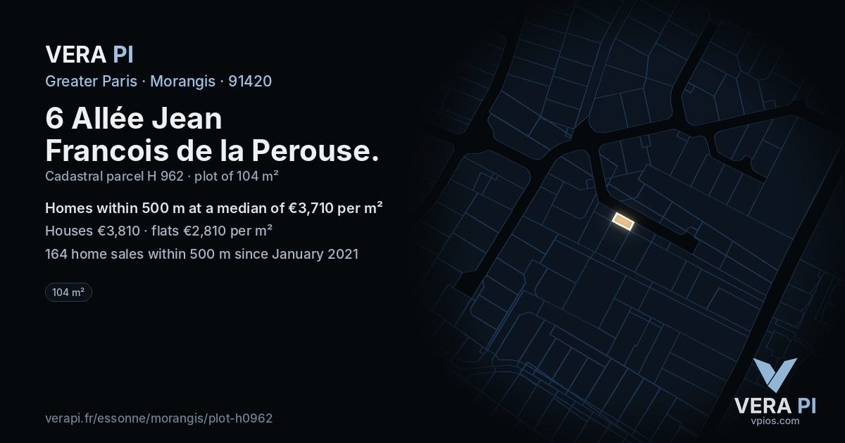 6 Allée Jean Francois de la Perouse, Morangis at night – the plot lit, the parcels around coloured by the prices near them
