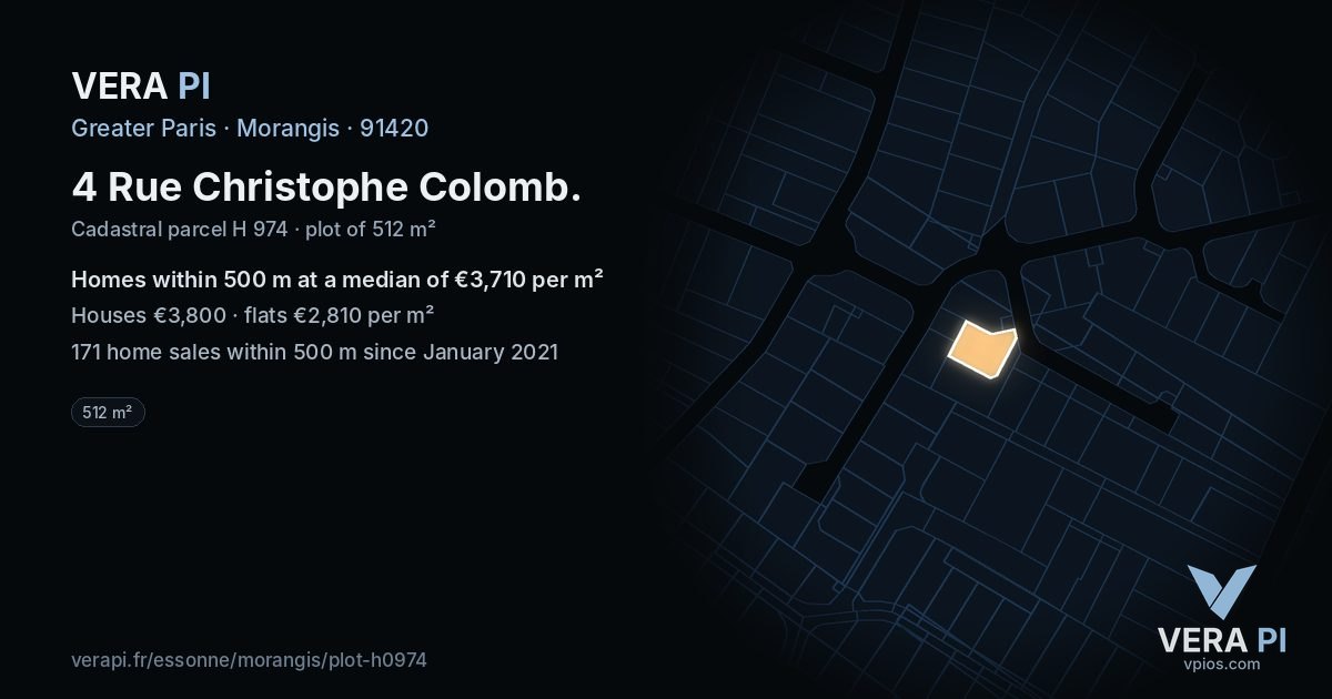4 Rue Christophe Colomb, Morangis at night – the plot lit, the parcels around coloured by the prices near them