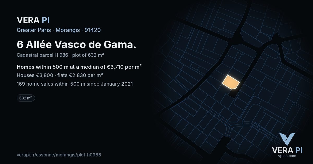 6 Allée Vasco de Gama, Morangis at night – the plot lit, the parcels around coloured by the prices near them