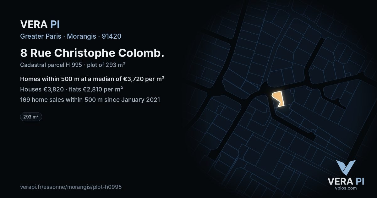 8 Rue Christophe Colomb, Morangis at night – the plot lit, the parcels around coloured by the prices near them