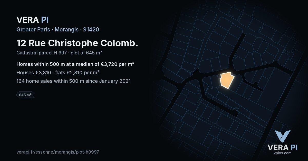 12 Rue Christophe Colomb, Morangis at night – the plot lit, the parcels around coloured by the prices near them