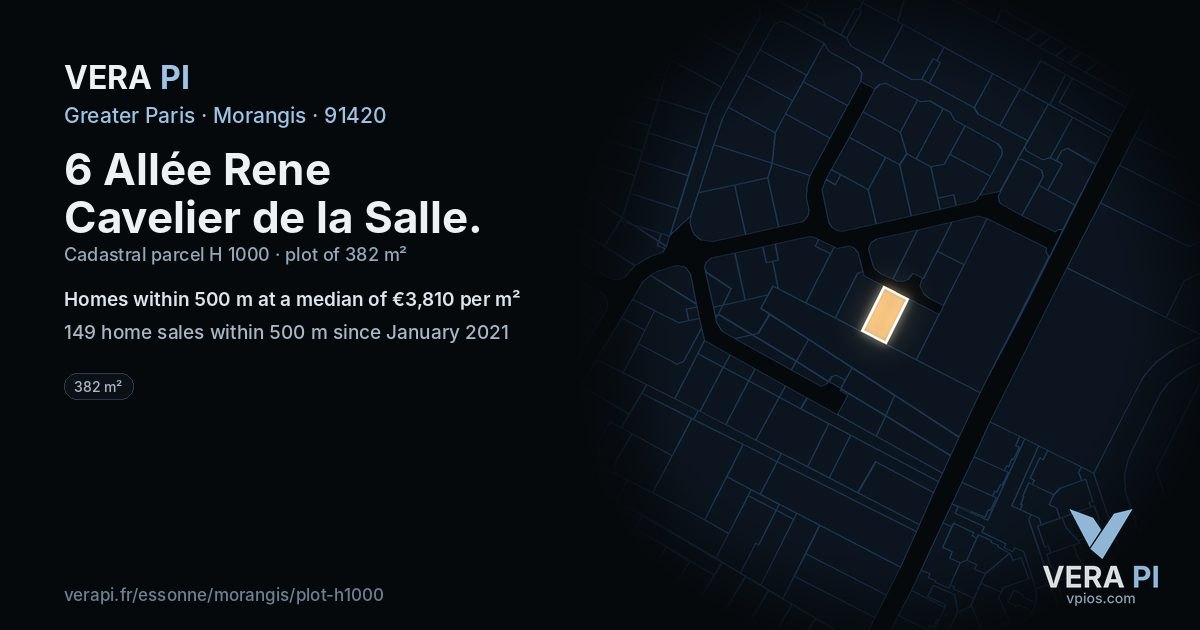 6 Allée Rene Cavelier de la Salle, Morangis at night – the plot lit, the parcels around coloured by the prices near them