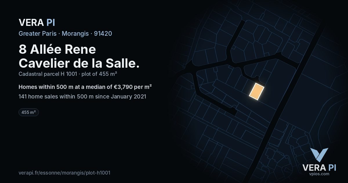 8 Allée Rene Cavelier de la Salle, Morangis at night – the plot lit, the parcels around coloured by the prices near them