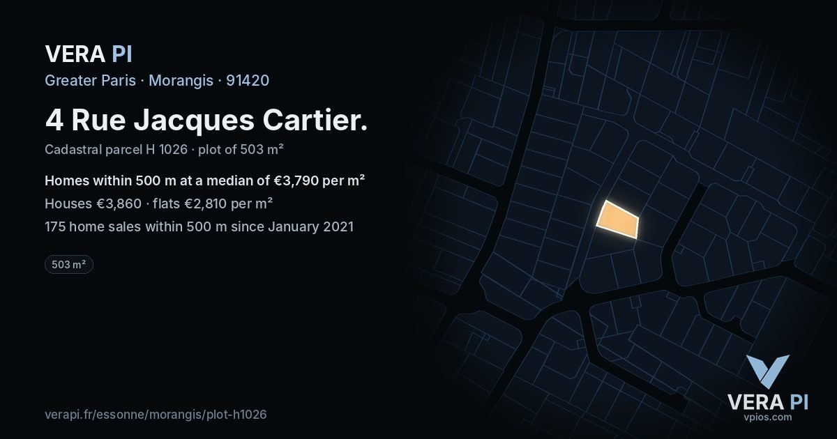 4 Rue Jacques Cartier, Morangis at night – the plot lit, the parcels around coloured by the prices near them