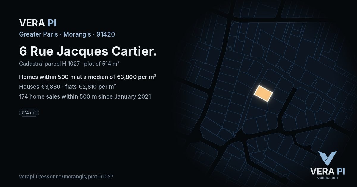 6 Rue Jacques Cartier, Morangis at night – the plot lit, the parcels around coloured by the prices near them