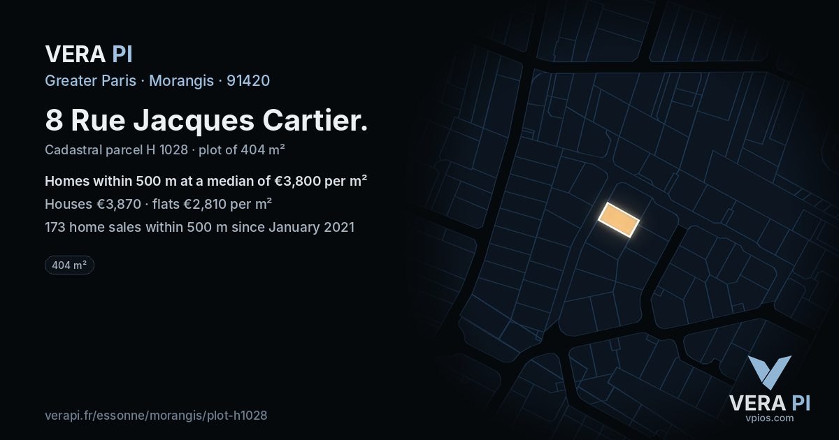 8 Rue Jacques Cartier, Morangis at night – the plot lit, the parcels around coloured by the prices near them