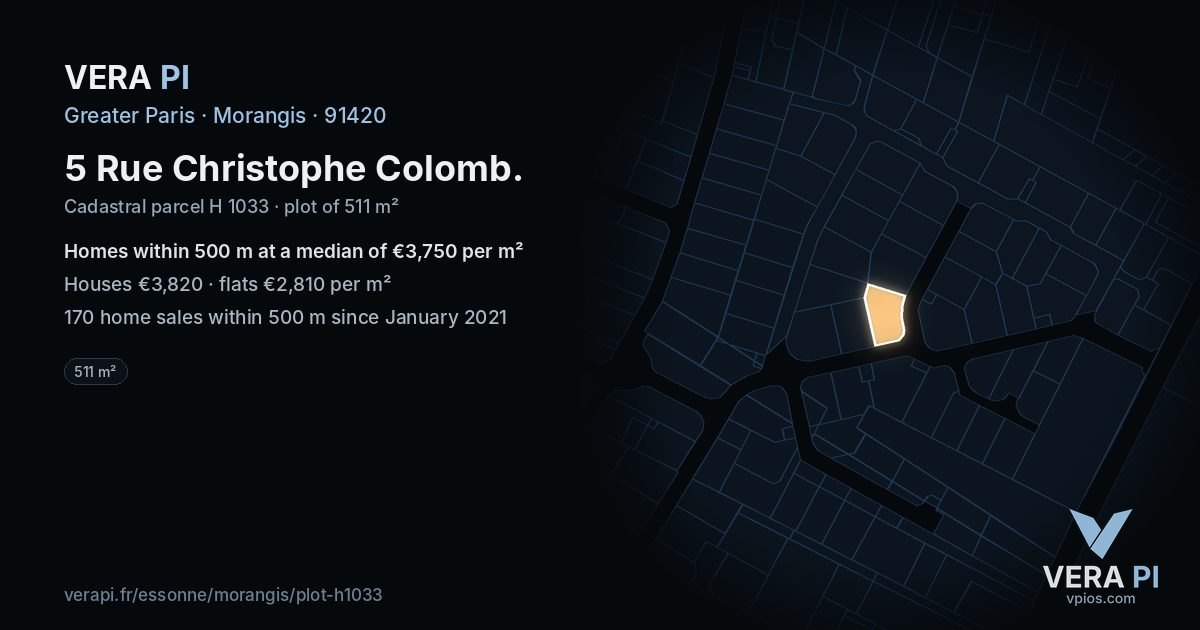 5 Rue Christophe Colomb, Morangis at night – the plot lit, the parcels around coloured by the prices near them