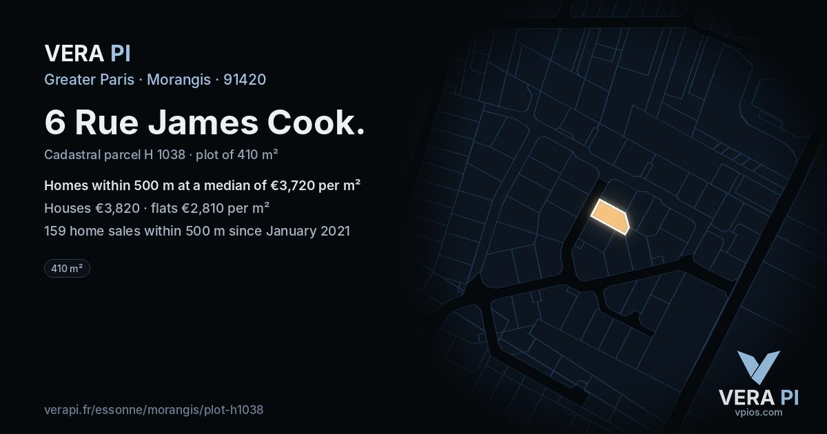 6 Rue James Cook, Morangis at night – the plot lit, the parcels around coloured by the prices near them