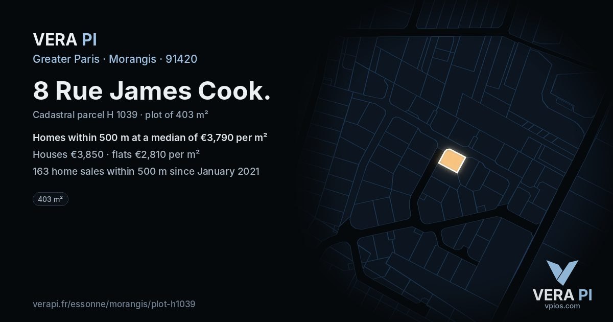 8 Rue James Cook, Morangis at night – the plot lit, the parcels around coloured by the prices near them