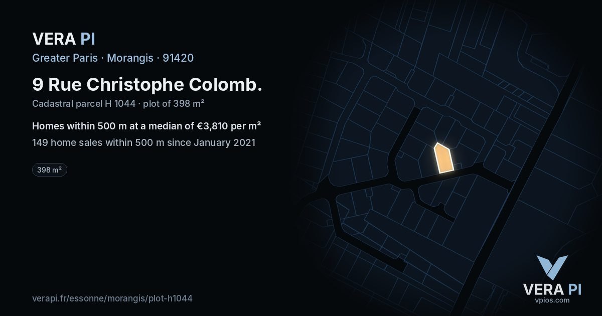 9 Rue Christophe Colomb, Morangis at night – the plot lit, the parcels around coloured by the prices near them