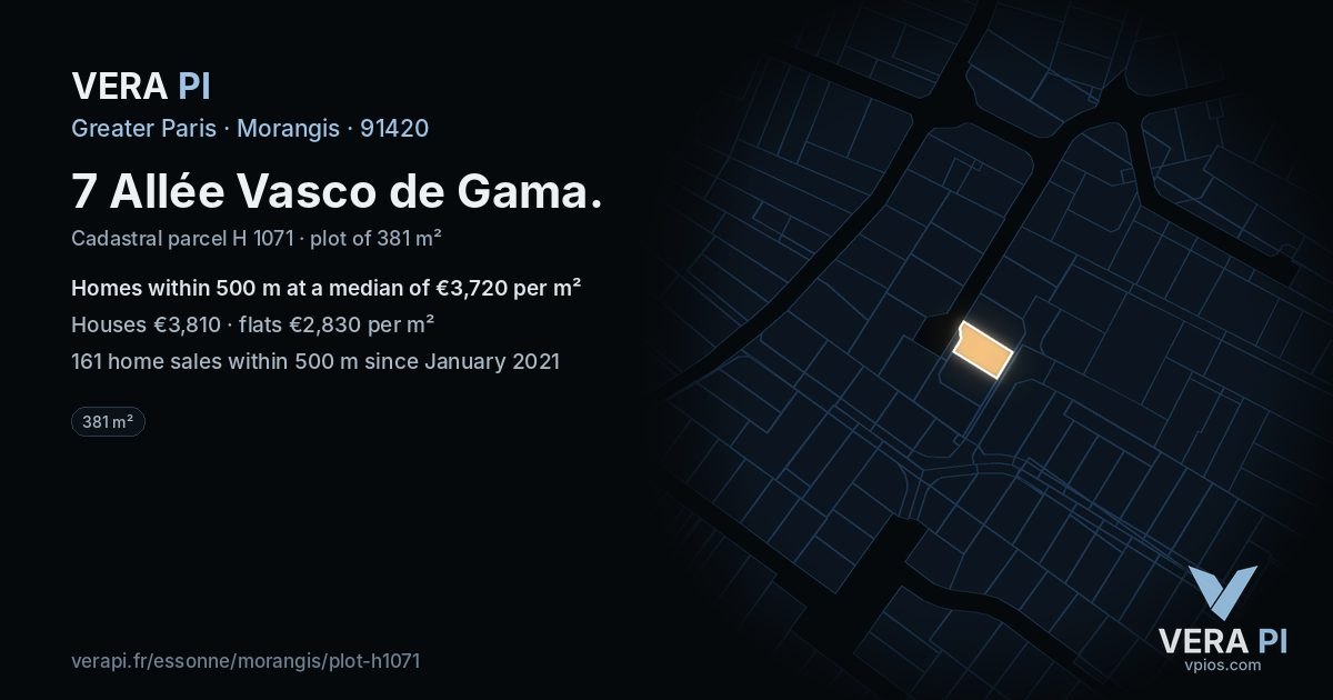 7 Allée Vasco de Gama, Morangis at night – the plot lit, the parcels around coloured by the prices near them