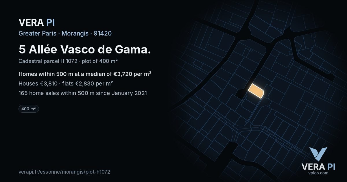 5 Allée Vasco de Gama, Morangis at night – the plot lit, the parcels around coloured by the prices near them