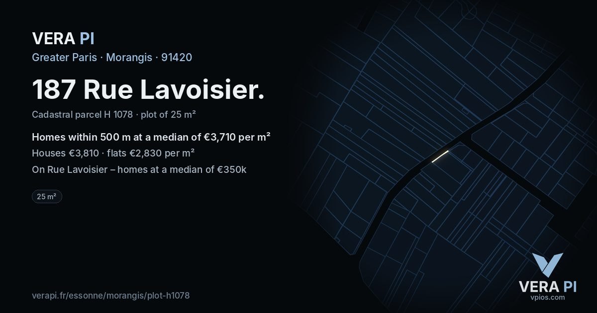 187 Rue Lavoisier, Morangis at night – the plot lit, the parcels around coloured by the prices near them