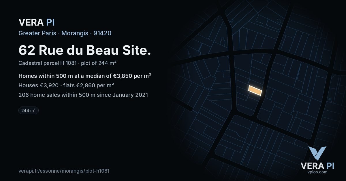 62 Rue du Beau Site, Morangis at night – the plot lit, the parcels around coloured by the prices near them