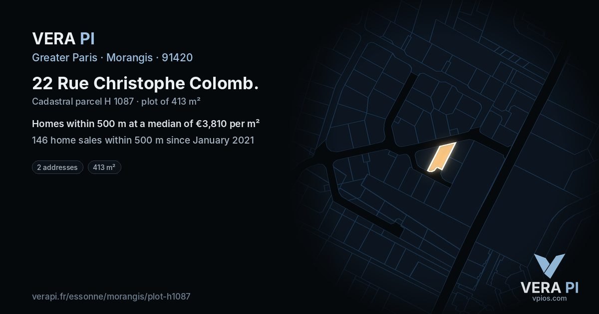 22 Rue Christophe Colomb, Morangis at night – the plot lit, the parcels around coloured by the prices near them