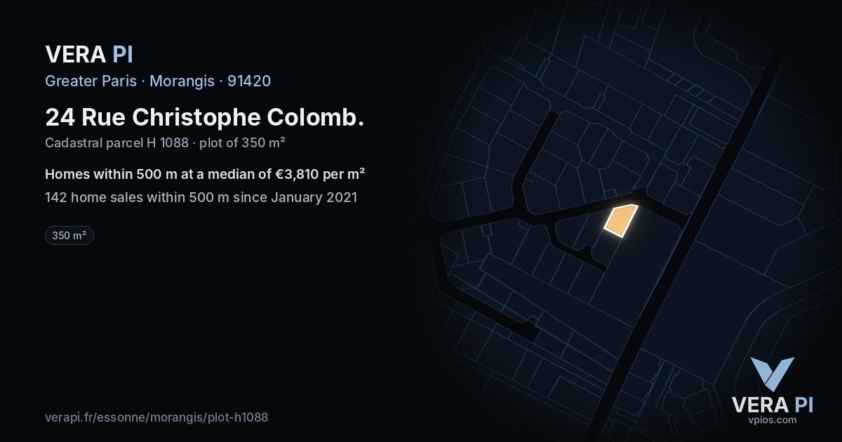 24 Rue Christophe Colomb, Morangis at night – the plot lit, the parcels around coloured by the prices near them