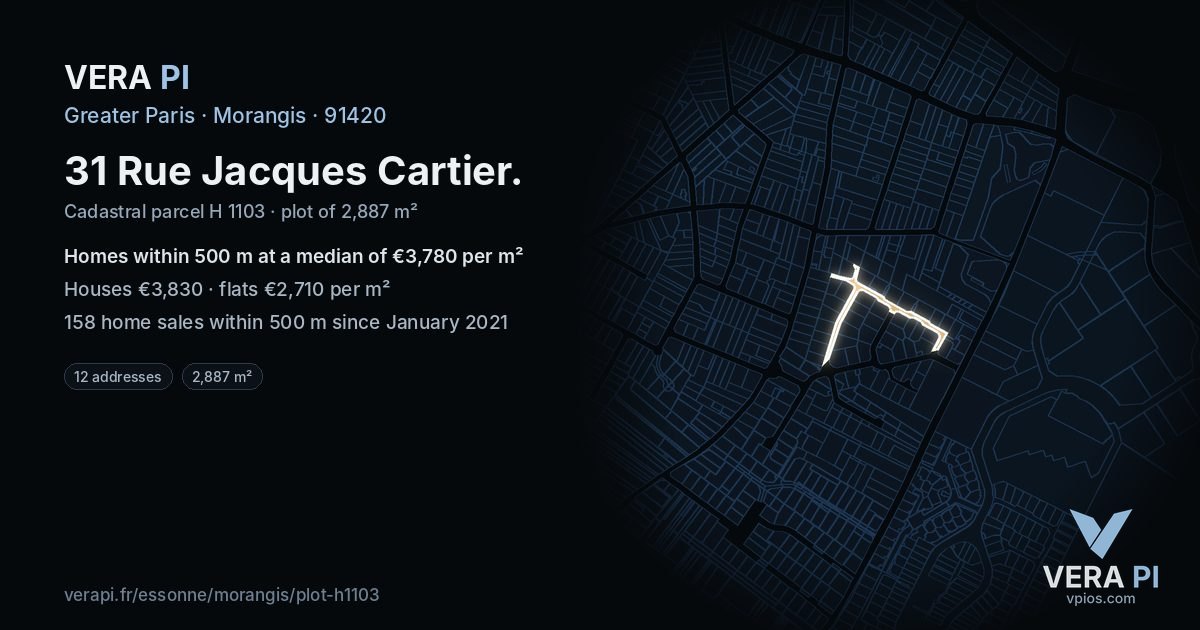 31 Rue Jacques Cartier, Morangis at night – the plot lit, the parcels around coloured by the prices near them