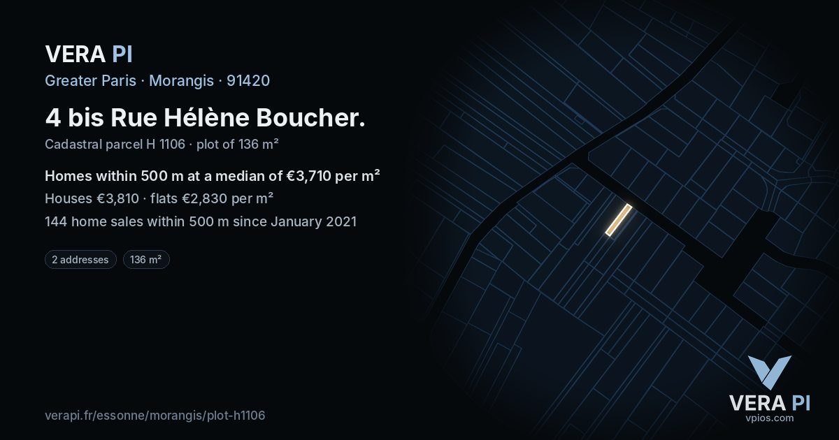 4 bis Rue Hélène Boucher, Morangis at night – the plot lit, the parcels around coloured by the prices near them