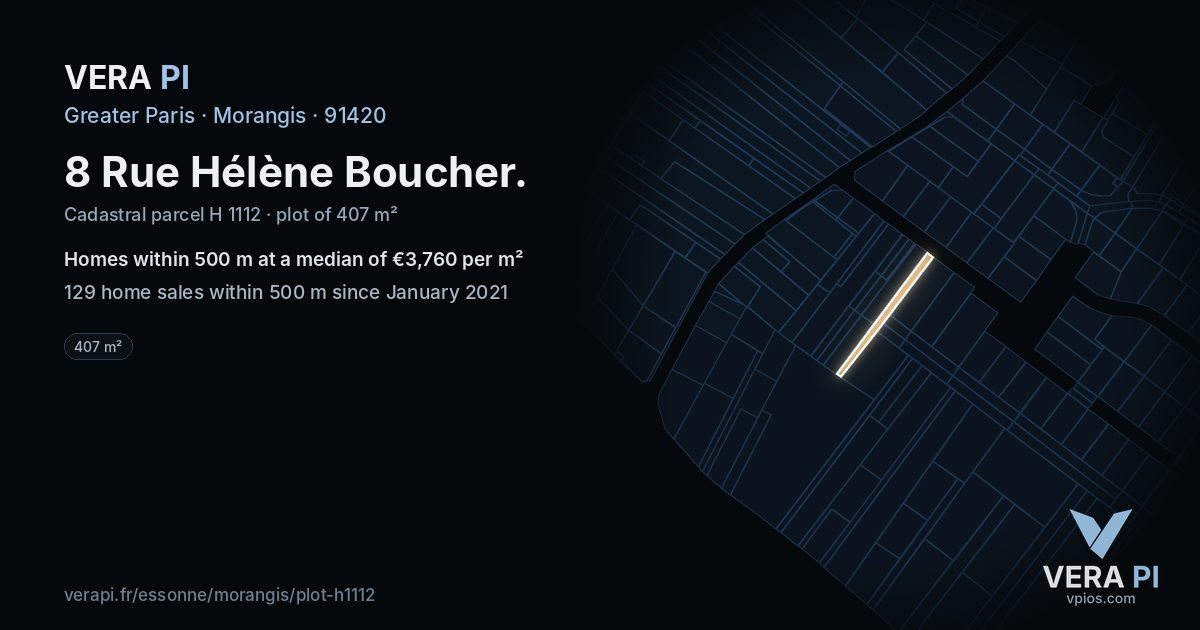 8 Rue Hélène Boucher, Morangis at night – the plot lit, the parcels around coloured by the prices near them