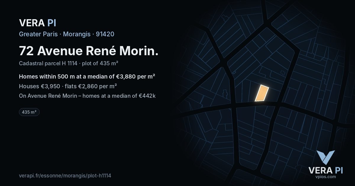 72 Avenue René Morin, Morangis at night – the plot lit, the parcels around coloured by the prices near them