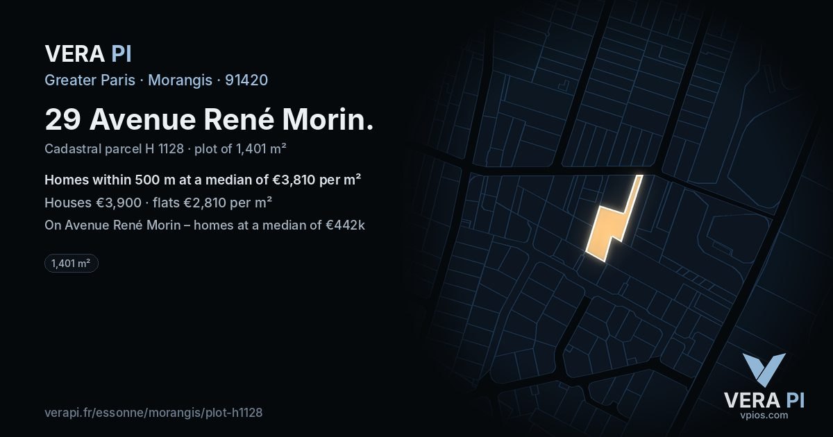29 Avenue René Morin, Morangis at night – the plot lit, the parcels around coloured by the prices near them