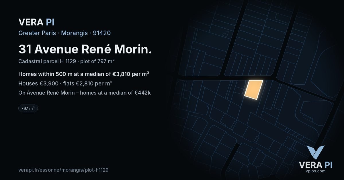 31 Avenue René Morin, Morangis at night – the plot lit, the parcels around coloured by the prices near them