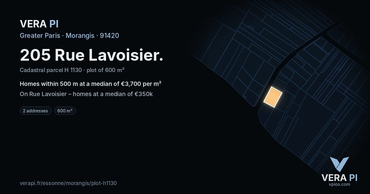 205 Rue Lavoisier, Morangis at night – the plot lit, the parcels around coloured by the prices near them