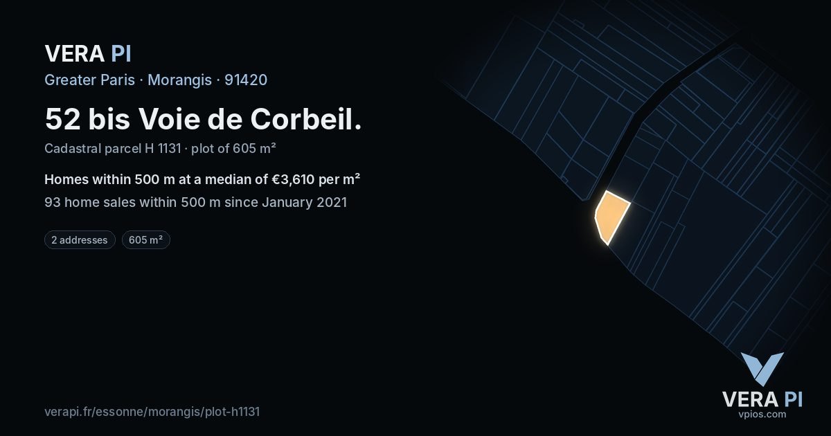52 bis Voie de Corbeil, Morangis at night – the plot lit, the parcels around coloured by the prices near them