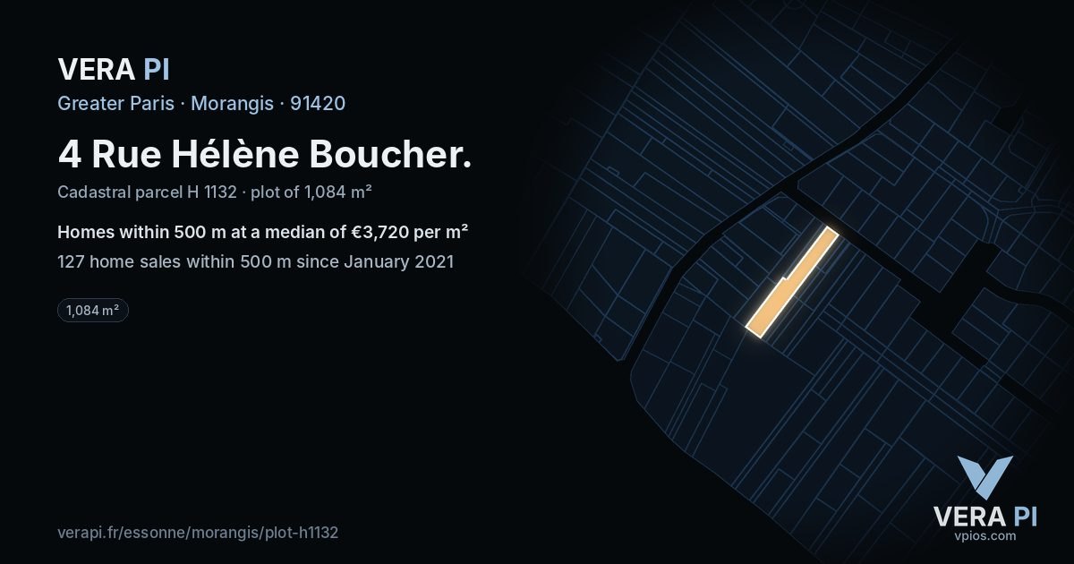 4 Rue Hélène Boucher, Morangis at night – the plot lit, the parcels around coloured by the prices near them