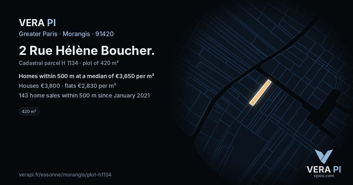 2 Rue Hélène Boucher, Morangis at night – the plot lit, the parcels around coloured by the prices near them
