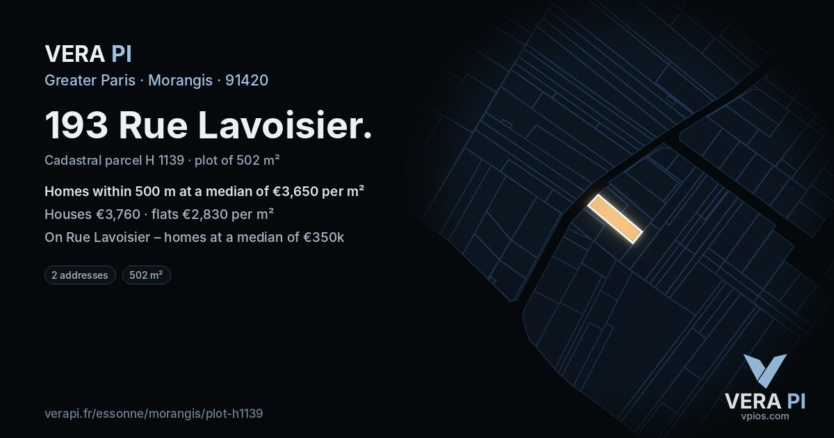193 Rue Lavoisier, Morangis at night – the plot lit, the parcels around coloured by the prices near them