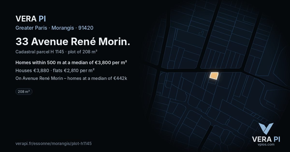 33 Avenue René Morin, Morangis at night – the plot lit, the parcels around coloured by the prices near them