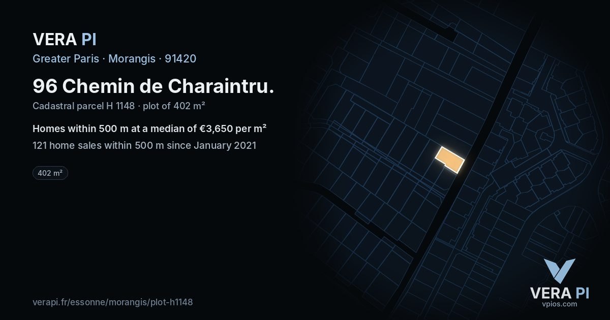 96 Chemin de Charaintru, Morangis at night – the plot lit, the parcels around coloured by the prices near them