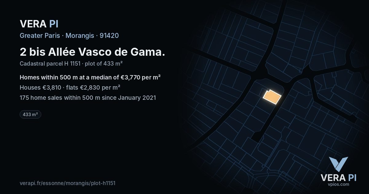 2 bis Allée Vasco de Gama, Morangis at night – the plot lit, the parcels around coloured by the prices near them