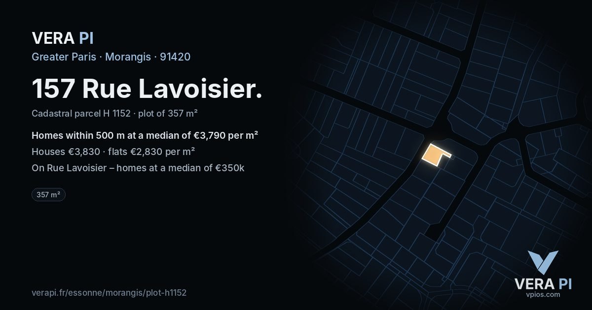 157 Rue Lavoisier, Morangis at night – the plot lit, the parcels around coloured by the prices near them
