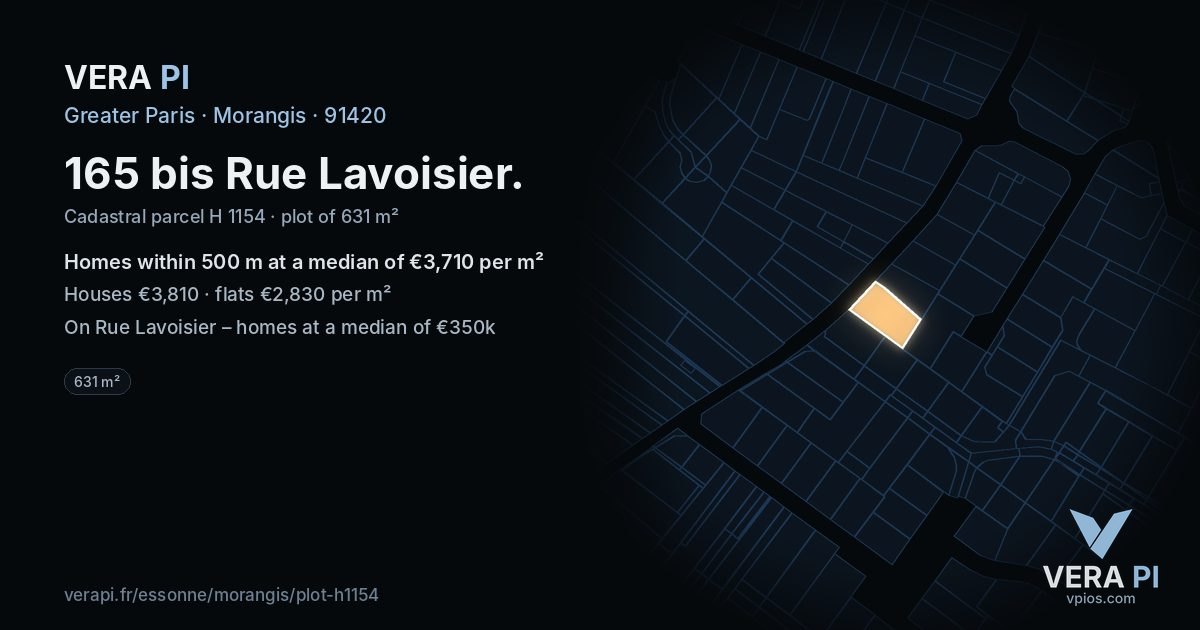165 bis Rue Lavoisier, Morangis at night – the plot lit, the parcels around coloured by the prices near them