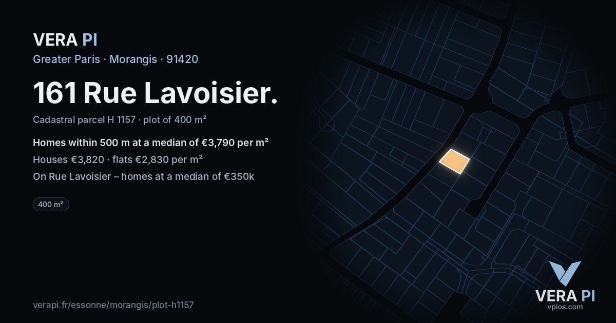 161 Rue Lavoisier, Morangis at night – the plot lit, the parcels around coloured by the prices near them
