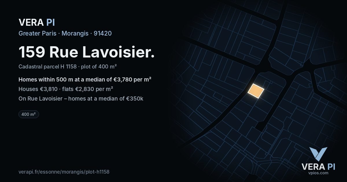 159 Rue Lavoisier, Morangis at night – the plot lit, the parcels around coloured by the prices near them