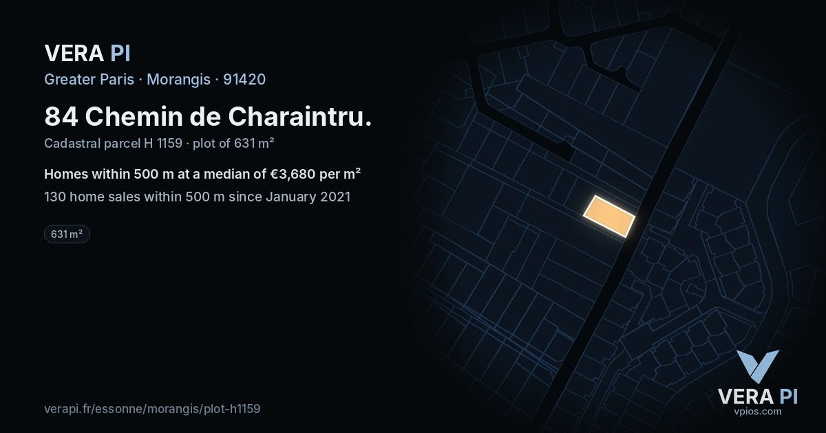 84 Chemin de Charaintru, Morangis at night – the plot lit, the parcels around coloured by the prices near them