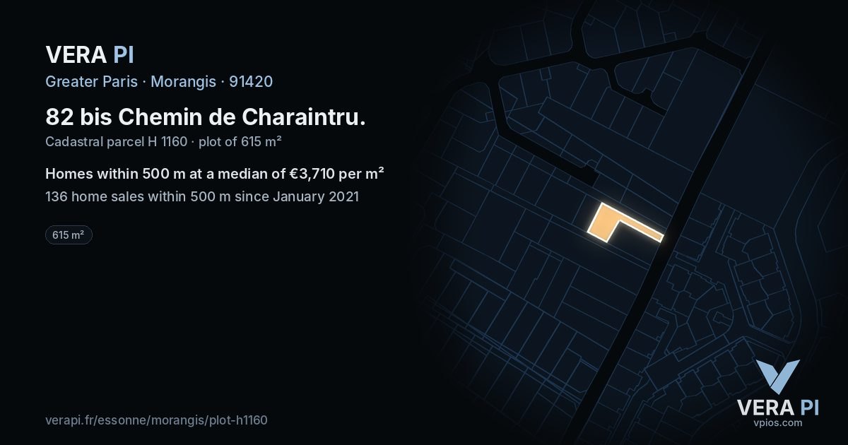 82 bis Chemin de Charaintru, Morangis at night – the plot lit, the parcels around coloured by the prices near them