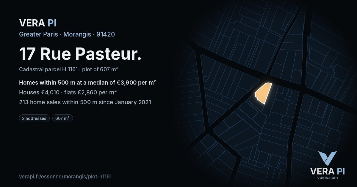 17 Rue Pasteur, Morangis at night – the plot lit, the parcels around coloured by the prices near them